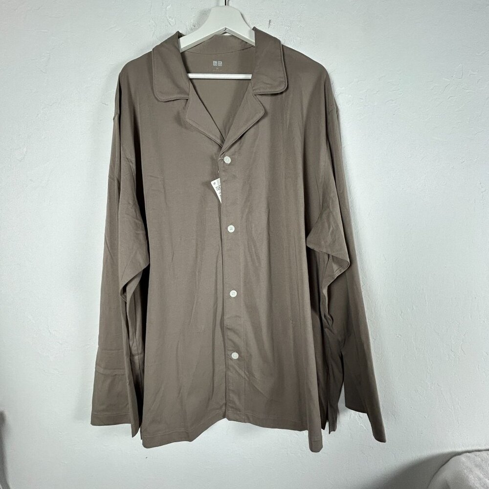 Uniqlo Mens AIRism Cotton Long Sleeve Pajama Shirt 3XL Khaki Button Down New